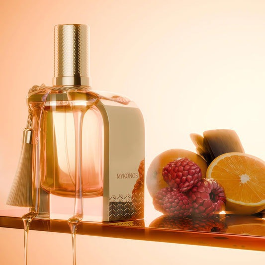 Mykonos Mayfair Extrait de Parfum Unisex 100ml Fragancia Afrutada Gourmand y Amaderada con Bergamota Naranja Frambuesa Caramelo Lavanda Jazmín Maderas Cuero Patchouli Sándalo
