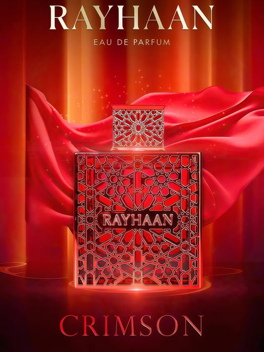 Rayhaan Crimson Eau de Parfum Intenso para Hombre 100 ml Notas de Canela Pimienta Rosa y Pachulí Frasco Rojo con Motivo Geométrico Oriental