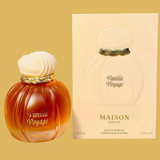 Maison Asrar Vanilla Voyage EDP Spray 100ml – Perfume Árabe Original Unisex con Vainilla Exótica, Espíritu Oriental y Elegancia Atemporal en Cada Gota