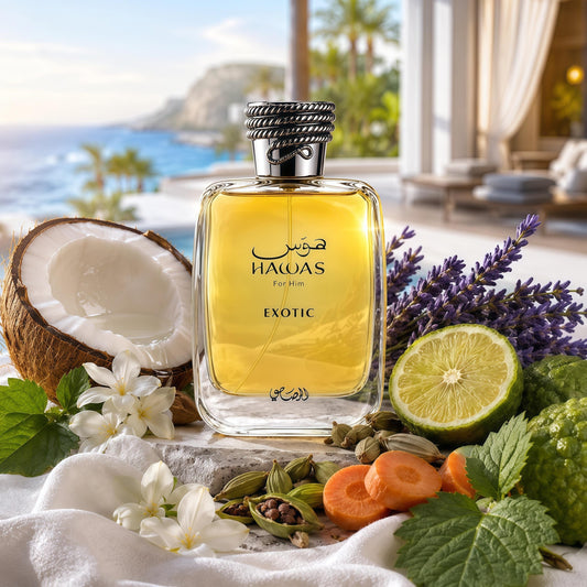 Hawas Exotic Eau de Parfum Hombre 100ml Fragancia Aromática Especiada y Ambarada con Notas de Coco y Especias para Otoño e Invierno