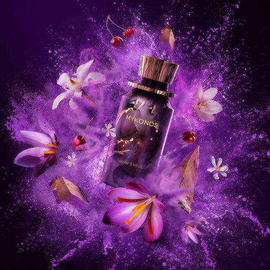 Mykonos Dark Secret Extrait de Parfum Unisex 100ml Fragancia Gourmand Especiada y Ambarada con Cereza Negra Azafrán y Bergamota para Otoño e Invierno