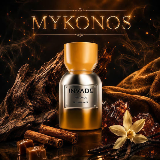 Mykonos Invade Extrait de Parfum Unisex 50ml Fragancia Especiada Gourmand y Amaderada con Pimienta Rosa y Vainilla de Madagascar para Otoño e Invierno