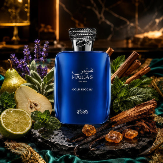 Hawas Gold Digger 100ml Eau de Parfum Hombre Fragancia Fresca Especiada y Amaderada con Pera Menta y Bergamota