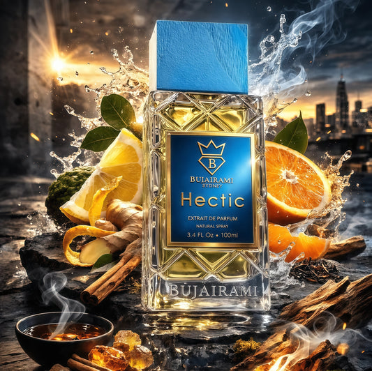Bujairami Hectic Extrait de Parfum Unisex 100 ml Fragancia Cítrica Especiada y Amaderada para Uso Diario y Ocasiones Especiales