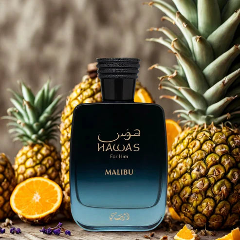 Hawas Malibu Rasasi 100ML – Perfume Unisex Aromático con Piña, Lavanda y Haba Tonka