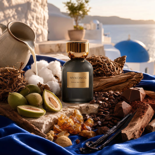 Mykonos Senja Extrait de Parfum Unisex 50 ml Fragancia Gourmand Cremosa y Amaderada con Café Aromático Chocolate y Maderas Nobles para Otoño e Invierno