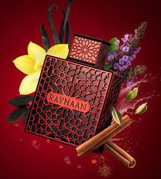 Rayhaan Crimson Eau de Parfum Intenso para Hombre 100 ml Notas de Canela Pimienta Rosa y Pachulí Frasco Rojo con Motivo Geométrico Oriental