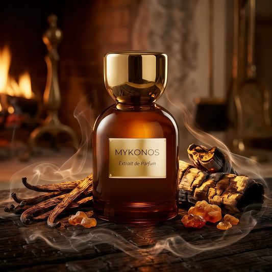 Mykonos Bonfire Vanilla Extrait de Parfum Unisex 50 ml Fragancia Ahumada Gourmand y Vainilla con Especias y Maderas Ahumadas para Otoño e Invierno