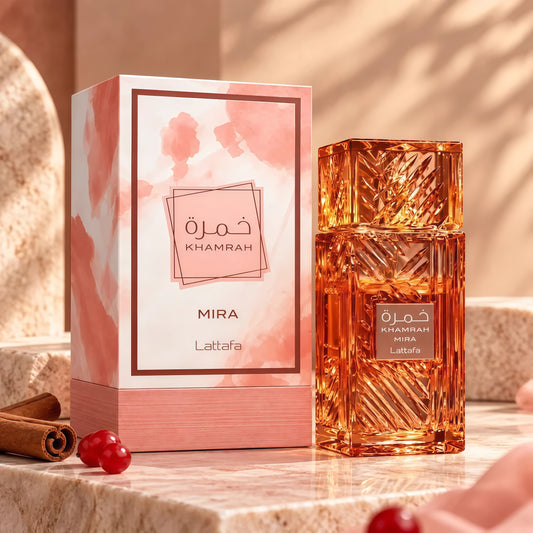 Lattafa Khamrah Mira Eau De Parfum 100ml Fragancia Oriental Vainilla para Mujer Notas de Grosella Roja y Mandarina Lanzada en 2026
