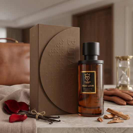 Bujairami Mad Love Extrait de Parfum 100ml Fragancia Masculina Amaderada y Ambarada con Frambuesa Azafrán y Rosa para Otoño e Invierno