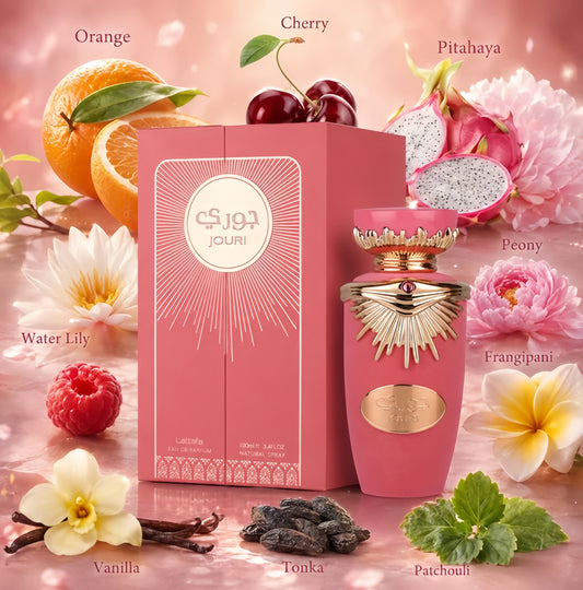 Jouri  de Lattafa Eau de Parfum para Mujeres Fragancia Floral Frutal Fresca y Dulce con Notas de Naranja Cereza y Pitahaya Perfumería Árabe Contemporánea 2026