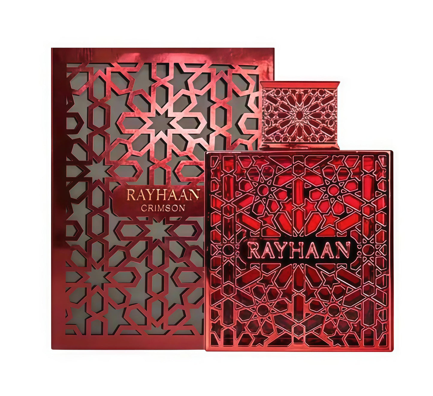 Rayhaan Crimson Eau de Parfum Intenso para Hombre 100 ml Notas de Canela Pimienta Rosa y Pachulí Frasco Rojo con Motivo Geométrico Oriental