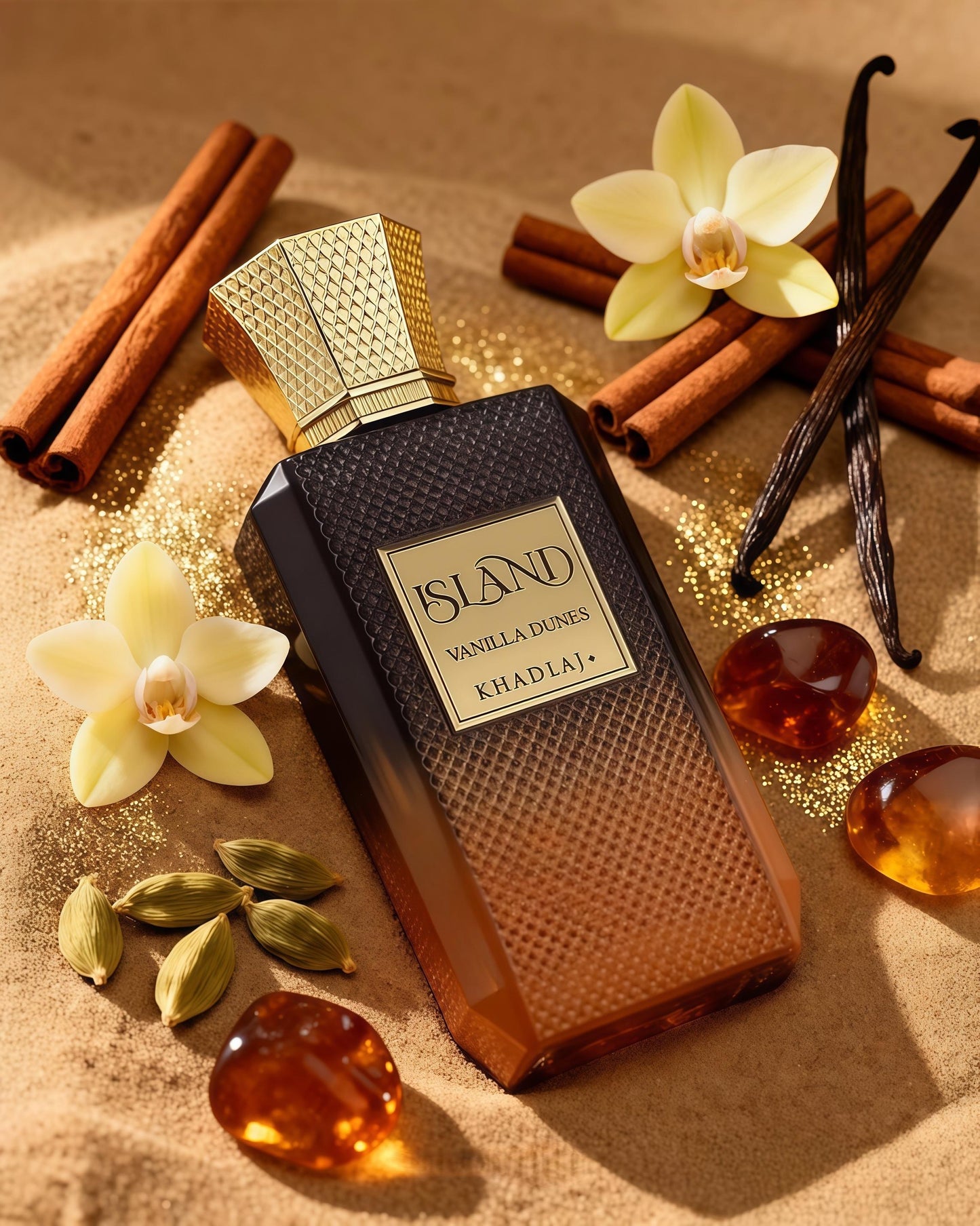 Khadlaj Perfumes Island Vanilla Dunes Fragancia Oriental Vainilla para Hombres y Mujeres Notas de Vainilla Canela y Cardamomo