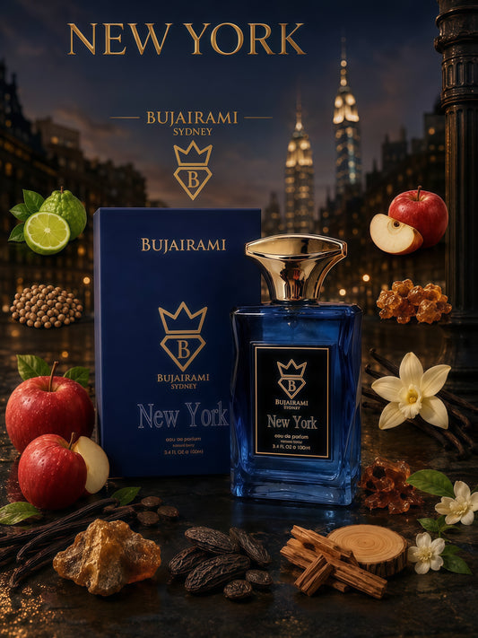 Bujairami New York Eau de Parfum Hombre 100 ml Fragancia Amaderada Ambarada Moderna para Hombres Elegantes y Sofisticados