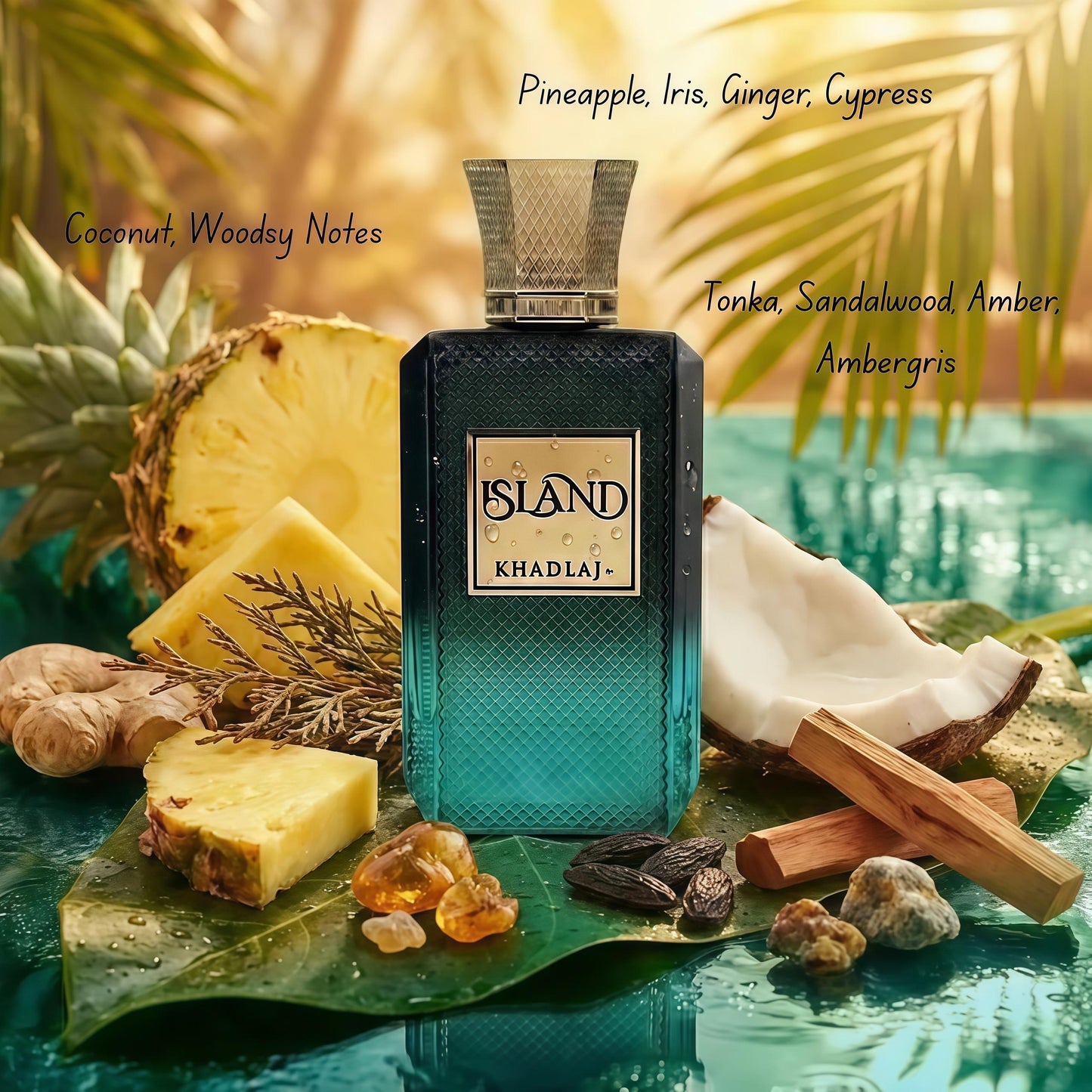Khadlaj Island Perfumes para Hombres y Mujeres Fragancia 2024 con Notas de Piña Iris Jengibre y Coco