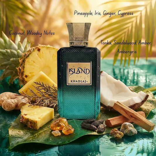 Khadlaj Island Perfumes para Hombres y Mujeres Fragancia 2024 con Notas de Piña Iris Jengibre y Coco