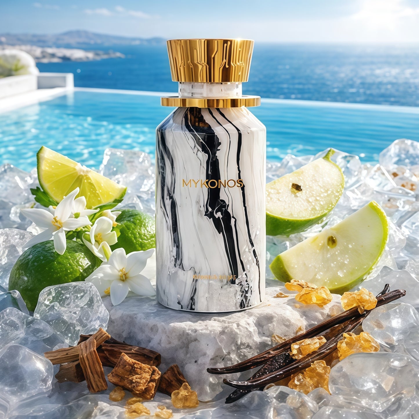 Mykonos On The Rocks Extrait de Parfum Unisex 100ml - Fragancia Moderna con Notas Cítricas, Florales y Gourmand para Hombres y Mujeres