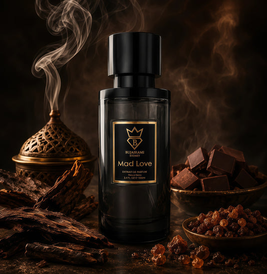 Bujairami Mad Love Extrait de Parfum 100ml Fragancia Masculina Amaderada y Ambarada con Frambuesa Azafrán y Rosa para Otoño e Invierno