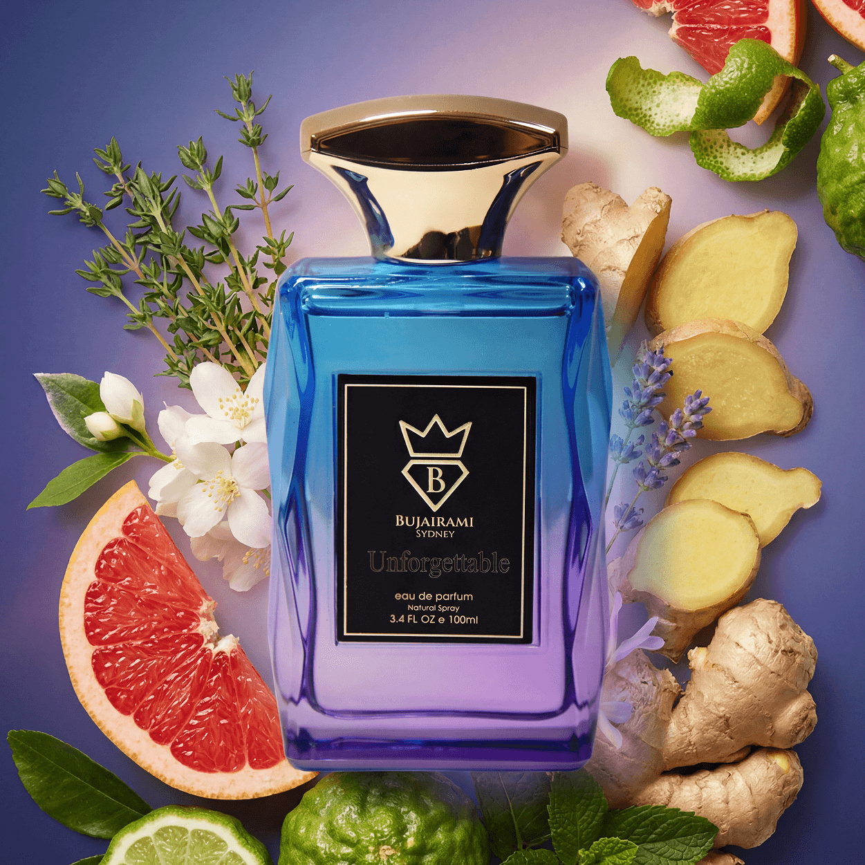 Bujairami Unforgettable Eau de Parfum Unisex 100 ml Fragancia Cítrica Fresca y Vibrante con Pomelo Bergamota y Jengibre