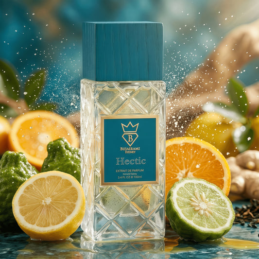 Bujairami Hectic Extrait de Parfum Unisex 100 ml Fragancia Cítrica Especiada y Amaderada para Uso Diario y Ocasiones Especiales