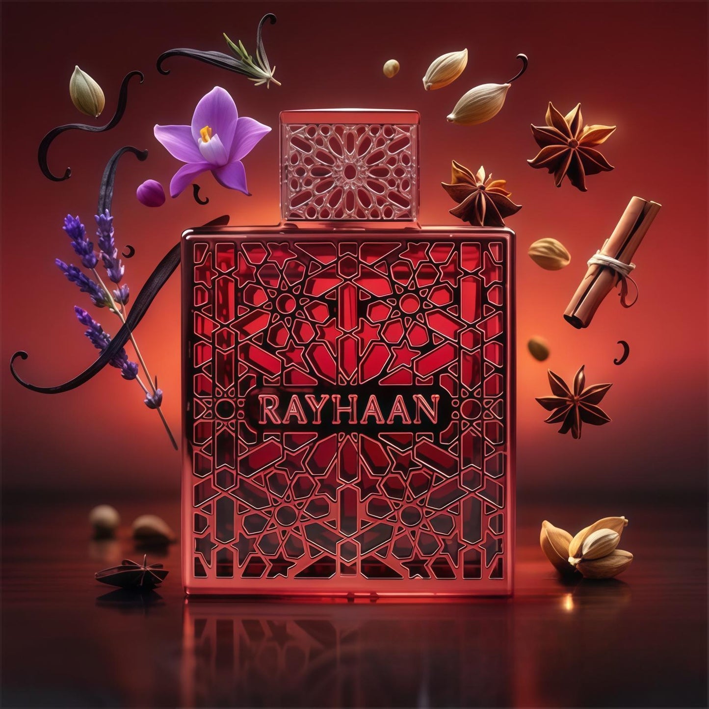 Rayhaan Crimson Eau de Parfum Intenso para Hombre 100 ml Notas de Canela Pimienta Rosa y Pachulí Frasco Rojo con Motivo Geométrico Oriental