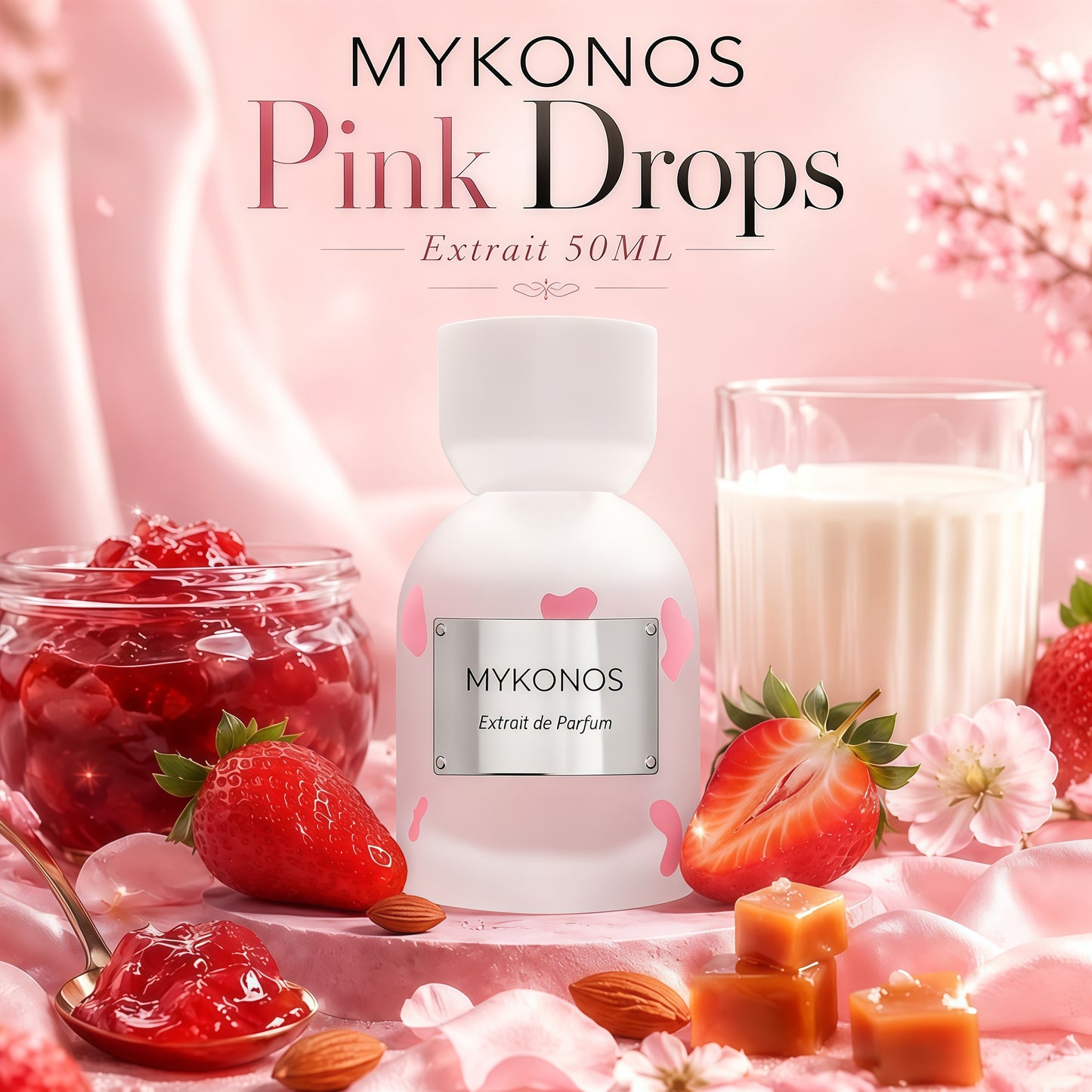 Mykonos Pink Drops Extrait de Parfum Unisex 50 ml Fragancia Gourmand Cremosa y Avainillada con Mermelada de Fresa y Vainilla