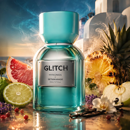 Glitch Mykonos x Setiawanade 50ml Extrait de Parfum Unisex Fragancia Frutal Aromática y Amaderada 100ml Perfume Moderno y Sofisticado